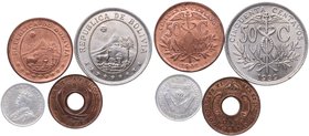 1939, 1942 y 1929. Monedas extranjeras. Bolivia, Africa del Este y Africa del Sur. Lote de 4 monedas: 2 ud de 50 centavos, 1 ud de 1 cent y 1ud de 3 P...