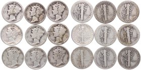 1920-1929. Estados Unidos. Lote de 9 monedas de 1 Dime (Liberty). KM 113. Ve. Est.40.