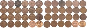 1942-1960. Estados Unidos. Lote de 24 monedas de 1 Centavo Lincoln. KM.132. Ae.  Dos monedas SC "one cent" Lincoln de 1960. Est.20.