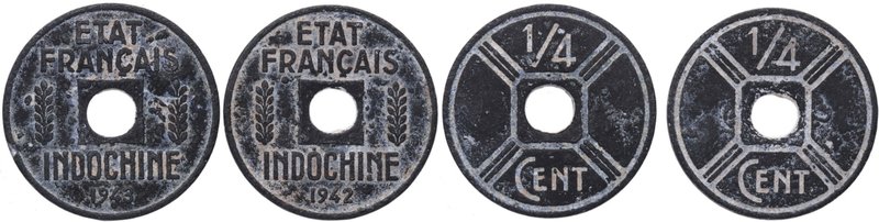 1942 y 1943. Indochina Francesa. Lote 2 monedas de 1/4 cent Indochina. KM-25. MB...