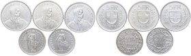 1944, 1954, 1963, 1966, 1967. Suiza. Lote de 5 monedas: 2 ud de de 2 Francos y 3ud de 5 Francos . KM# 21 y KM# 40a. Ag. MBC+ a SC. Est.50.
