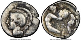 CALABRIA. Tarentum. 4th-3rd centuries BC. AR diobol (12mm, 9h). NGC Choice Fine. Ca. 325-280 BC. Head of Athena left, wearing laureate crested Attic h...
