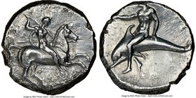 CALABRIA. Tarentum. Ca. early 3rd century BC. AR stater or didrachm (20mm, 11h). NGC VF. Ca. 302-280 BC. Deinocrates, and Si- magistrates. Warrior on ...