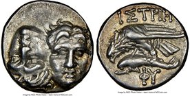 MOESIA. Istrus. Ca. 4th century BC. AR drachm (17mm, 10h). NGC AU. Two facing male heads; the left inverted / IΣTPIH, sea-eagle left, grasping dolphin...