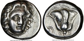 CARIAN ISLANDS. Rhodes. Ca. 305-275 BC. AR didrachm (19mm, 11h). NGC VF. Head of Helios facing, turned slightly right, hair parted in center and swept...