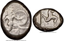 PAMPHYLIA. Aspendus. Ca. mid-5th century BC. AR stater (20mm, 9h). NGC Choice Fine. Helmeted nude hoplite warrior advancing right, shield in left hand...