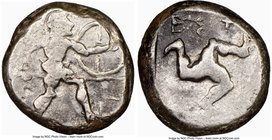 PAMPHYLIA. Aspendus. Ca. mid-5th century BC. AR stater (19mm, 9h). NGC Fine. Helmeted nude hoplite warrior advancing right, shield in left hand, spear...