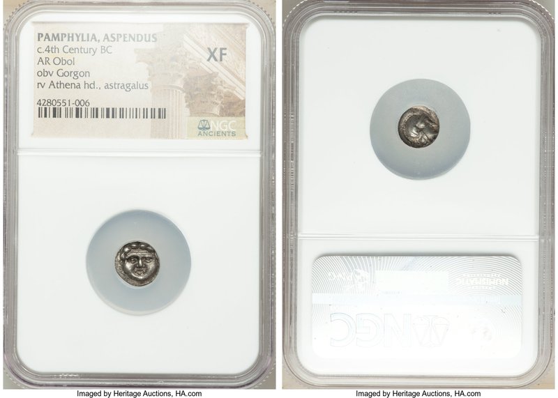 PAMPHYLIA. Aspendus. Ca. 4th century BC. AR obol (10mm, 4h). NGC XF. Head of gor...