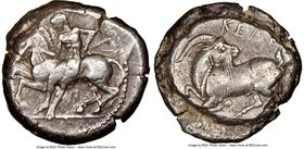 CILICIA. Celenderis. Ca. 425-350 BC. AR stater (20mm, 8h). NGC XF. Youthful nude male rider, reins in right hand, kentron in left, dismounting from ho...