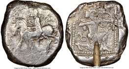CILICIA. Tarsus. Ca. late 5th century BC. AR stater (22mm, 10.40 gm, 11h). NGC Choice Fine 3/5 - 2/5, test cut. Satrap on horseback riding left, reins...