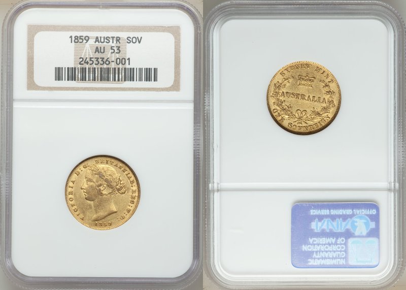 Victoria gold Sovereign 1859-SYDNEY AU53 NGC, Sydney mint, KM4.

HID09801242017