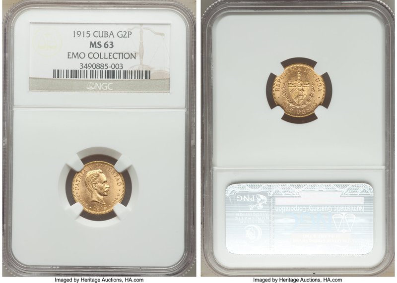Republic gold 2 Pesos 1915 MS63 NGC, KM17. Selections from the EMO Collection Ca...