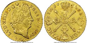 Louis XIV gold Louis d'Or 1704-D AU58 NGC, Lyon mint, KM365.5.

HID09801242017