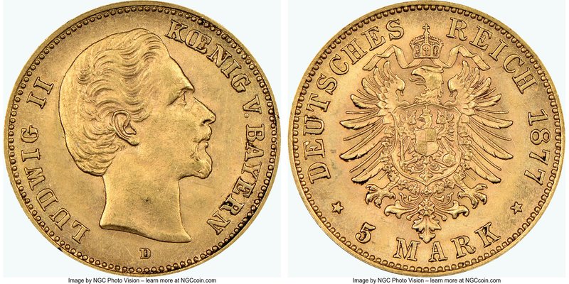 Bavaria. Ludwig II gold 5 Mark 1877-D MS62 NGC, Munich mint, KM904.

HID09801242...