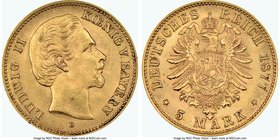 Bavaria. Ludwig II gold 5 Mark 1877-D MS62 NGC, Munich mint, KM904.

HID09801242017