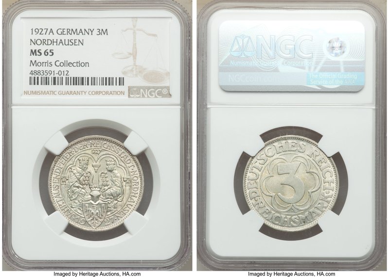 Weimar Republic "Nordhausen" 3 Mark 1927-A MS65 NGC, Berlin mint, KM52. Ex. Morr...