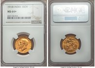British India. George V gold Sovereign 1918-I MS64+ NGC, Bombay mint, KM-A525. Sumptuous golden luster and basically unblemished fields. AGW 0.2355 oz...