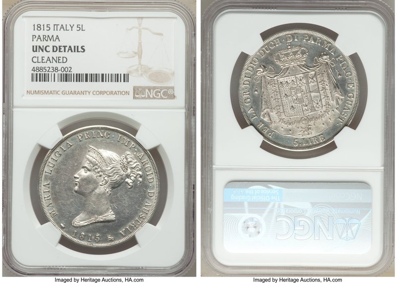 Parma. Maria Luigia 5 Lire 1815 UNC Details (Cleaned) NGC, KM-C30, Dav-204.

HID...