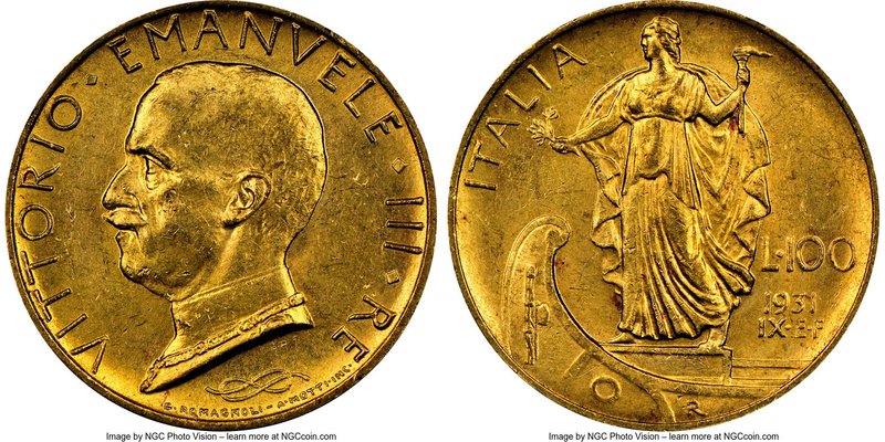 Vittorio Emanuele III gold 100 Lire Anno IX (1931)-R MS62 NGC, Rome mint, KM72.
...
