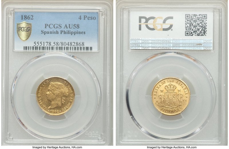 Spanish Colony. Isabel II gold 4 Pesos 1862 AU58 PCGS, KM144.

HID09801242017