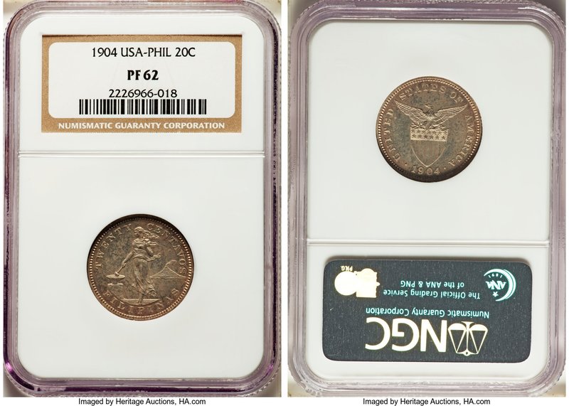USA Administration Pair of Certified Proof 20 Centavos 1904 PR62 NGC, Philadelph...