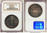 USA Administration Proof Peso 1903 PR60 NGC, Philadelphia mint, KM168. Lovely lavender-gray, teal and rose-russet toning over deep mirrored proof fiel...
