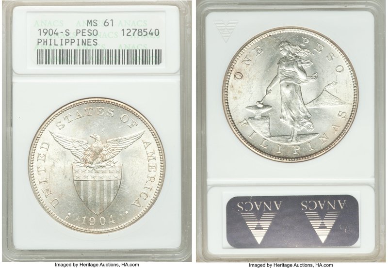 USA Administration Peso 1904-S MS61 ANACS, San Francisco mint, KM168. Soft golde...