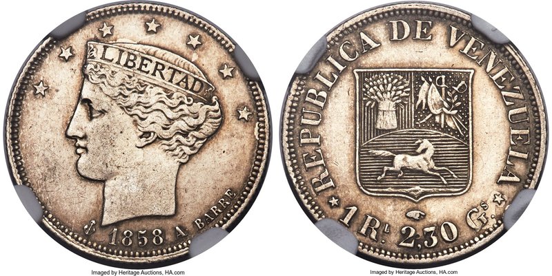 Republic Real 1858-A XF Details (Cleaned) NGC, Paris mint, KM-Y9. Scarce at all ...