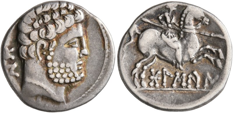 SPAIN. Bolskan. Circa 150-100 BC. Denarius (Silver, 17 mm, 3.59 g, 1 h). Bearded...