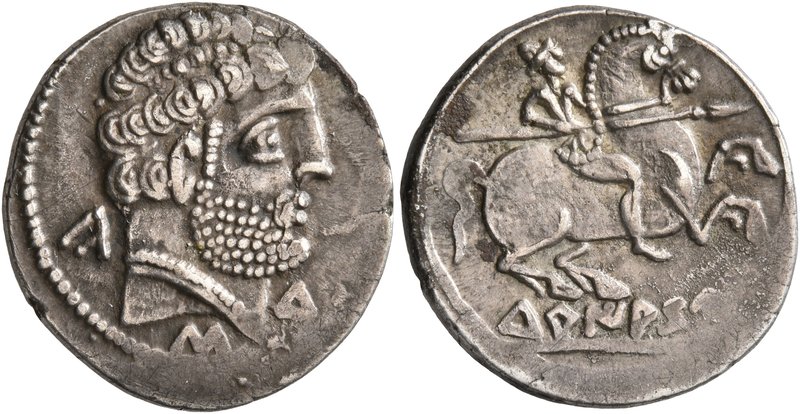 SPAIN. Turiasu. Circa 150-100 BC. Denarius (Silver, 19 mm, 4.00 g, 2 h). Bearded...