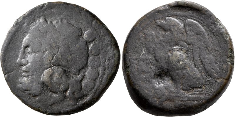 APULIA. Venusia. Circa 210-200 BC. Quincunx (Bronze, 29 mm, 19.54 g, 2 h). Laure...