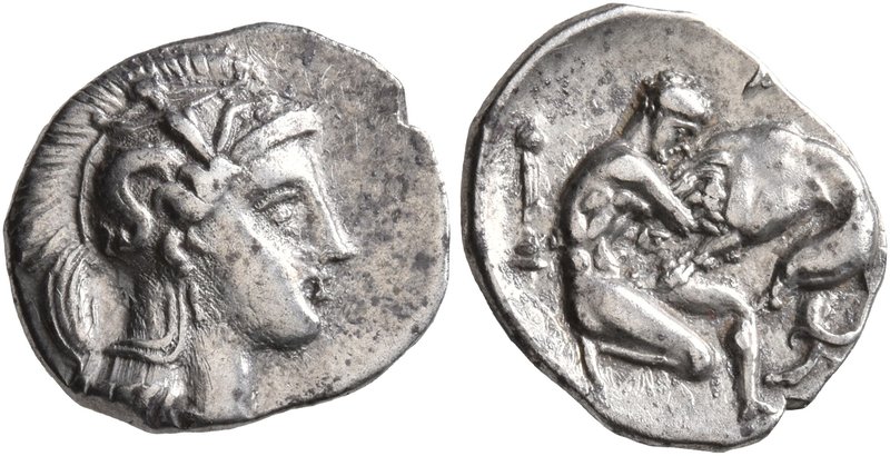 CALABRIA. Tarentum. Circa 380-325 BC. Diobol (Silver, 12 mm, 1.12 g, 5 h). Head ...