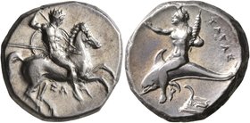 CALABRIA. Tarentum. Circa 332-302 BC. Didrachm or Nomos (Silver, 21 mm, 7.93 g, 9 h), Sa..., magistrate. Nude rider on horse galloping to right, stabb...