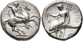 CALABRIA. Tarentum. Circa 315-302 BC. Didrachm or Nomos (Silver, 21 mm, 7.89 g, 9 h), Sa..., magistrate. Nude rider on horse galloping to right, stabb...