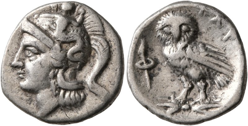 CALABRIA. Tarentum. Circa 302-280 BC. Drachm (Silver, 17 mm, 3.04 g, 12 h). Head...