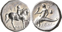 CALABRIA. Tarentum. Circa 272-240 BC. Didrachm or Nomos (Silver, 20 mm, 6.32 g, 7 h), Phi... and Zopyros, magistrates. Nude youth riding horse walking...