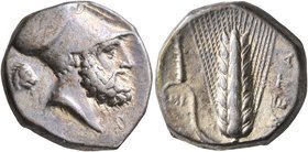 LUCANIA. Metapontion. Circa 340-330 BC. Didrachm or Nomos (Silver, 19 mm, 7.88 g, 12 h). Bearded head of Leukippos to right, wearing Corinthian helmet...