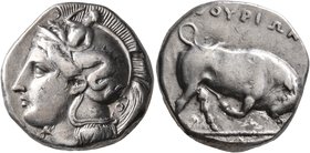 LUCANIA. Thourioi. Circa 400-350 BC. Distater (Silver, 24 mm, 15.82 g, 11 h). Head of Athena to left, wearing helmet adorned, on the bowl, with Skylla...