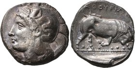 LUCANIA. Thourioi. Circa 400-350 BC. Distater (Silver, 25 mm, 15.54 g, 10 h). Head of Athena to left, wearing helmet adorned, on the bowl, with Skylla...