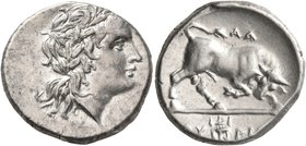 LUCANIA. Thourioi. Circa 280-213 BC. Didrachm or Nomos (Silver, 20 mm, 6.74 g, 7 h). Laureate head of Apollo to right. Rev. [Θ]ΟΥΡΙ[ΩΝ] Bull butting t...