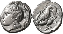 LUCANIA. Velia. Circa 440/35-400 BC. Didrachm or Nomos (Silver, 22 mm, 7.55 g, 11 h). Head of Athena to left, wearing helmet adorned, on the bowl, wit...