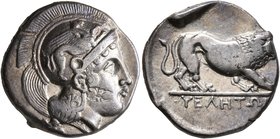 LUCANIA. Velia. Circa 340-334 BC. Didrachm or Nomos (Silver, 22 mm, 7.52 g, 3 h). Head of Athena to right, wearing crested Attic helmet adorned with a...
