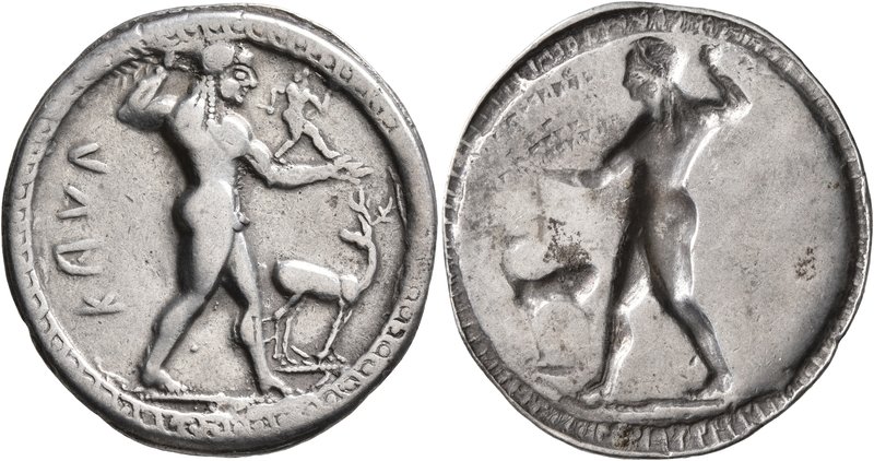 BRUTTIUM. Kaulonia. Circa 525-500 BC. Nomos (Silver, 31 mm, 7.67 g, 12 h). KAYΛ ...