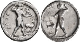 BRUTTIUM. Kaulonia. Circa 525-500 BC. Nomos (Silver, 31 mm, 7.67 g, 12 h). KAYΛ Apollo, nude, striding right, holding laurel branch in his upraised ri...