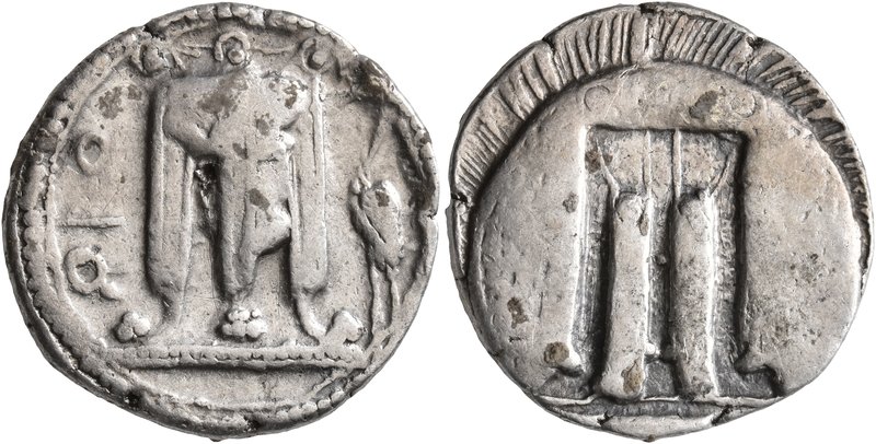 BRUTTIUM. Kroton. Circa 480-430 BC. Nomos (Silver, 23 mm, 7.90 g, 12 h). ϘΡΟ Tri...