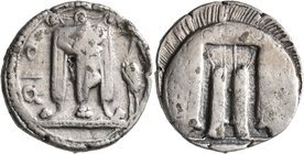 BRUTTIUM. Kroton. Circa 480-430 BC. Nomos (Silver, 23 mm, 7.90 g, 12 h). ϘΡΟ Tripod with three handles and the legs ending in lion's paws; to right, c...