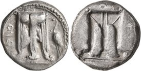 BRUTTIUM. Kroton. Circa 480-430 BC. Nomos (Silver, 21 mm, 7.70 g, 12 h). ϘΡΟ Tripod with three handles and the legs ending in lion's paws; to right, c...
