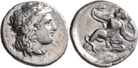 BRUTTIUM. Kroton. Circa 400-325 BC. Nomos (Silver, 22 mm, 7.57 g, 5 h). ΚΡΟΤΟΝΙΑ-ΤΑΣ Laureate head of Apollo with long hair to right. Rev. The Herakli...