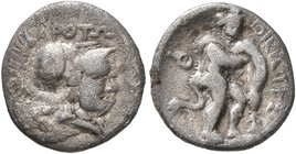 BRUTTIUM. Kroton. Circa 300-250 BC. Triobol (Silver, 12 mm, 1.08 g, 1 h). KPOTΩ Head of Athena to right, wearing crested Corinthian helmet. Rev. OIKIΣ...