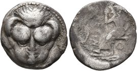 BRUTTIUM. Rhegion. Circa 450-445 BC. Drachm (Silver, 17 mm, 4.00 g, 7 h). Facing head of a lion. Rev. RECIN-O-N Iokastos (or Aristaios?) seated left, ...
